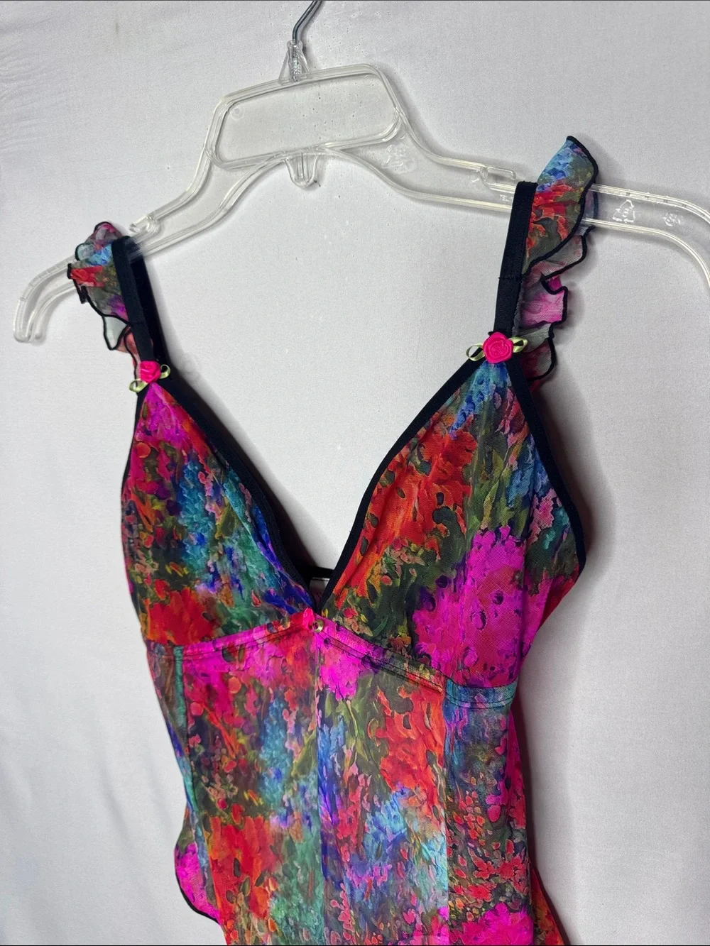 Parade Vibrant Multicolor Floral Mesh Bodysuit With Rose Buds. Size Medium.